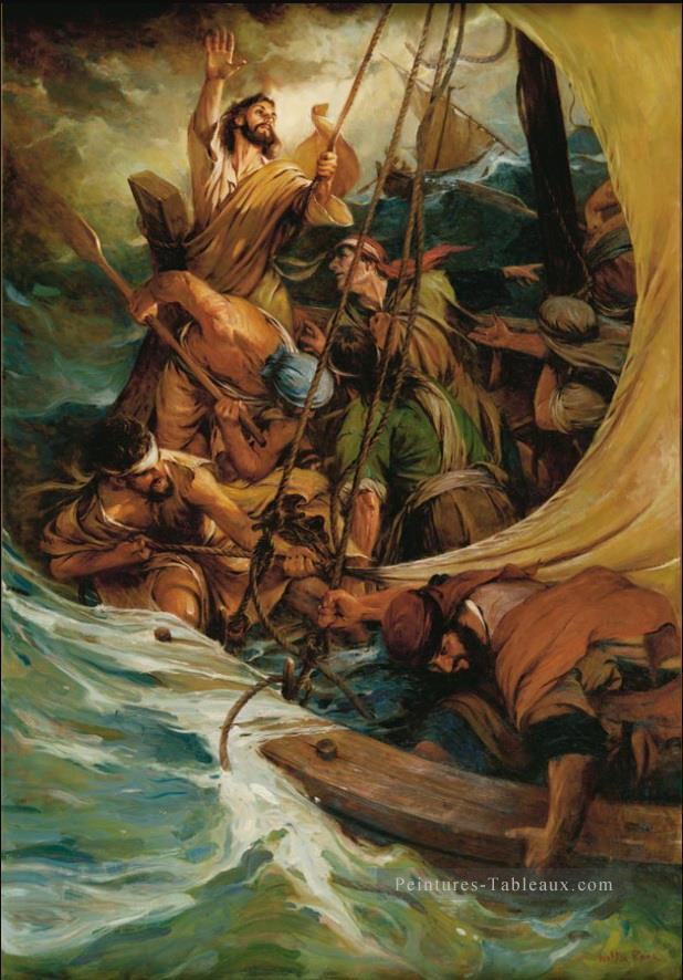 Paix Soyez toujours catholique Chrétien Jésus sur la tempête de mer d’eau Peintures à l'huile